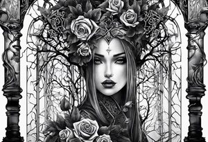 tattoo fool sleeve, dark gothic castle, tree roots break out of the chains, broken mask, roses tattoo idea