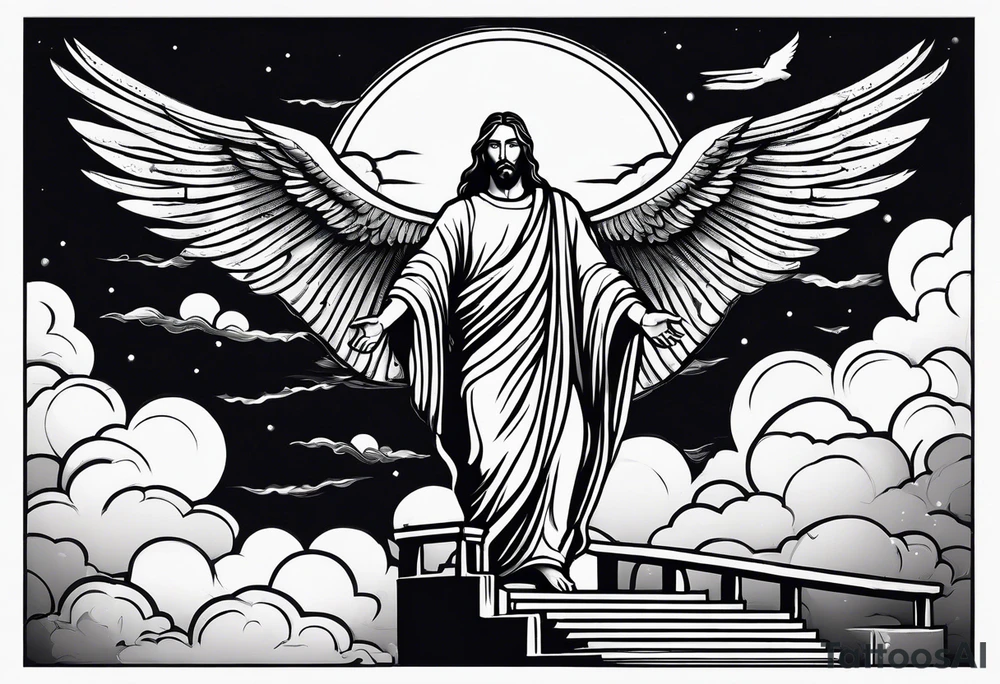 Jesus standing on a flight of stairs with clouds, sunshine and a dove in the background on the upper arm tattoo idea