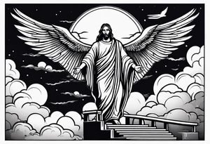 Jesus standing on a flight of stairs with clouds, sunshine and a dove in the background on the upper arm tattoo idea