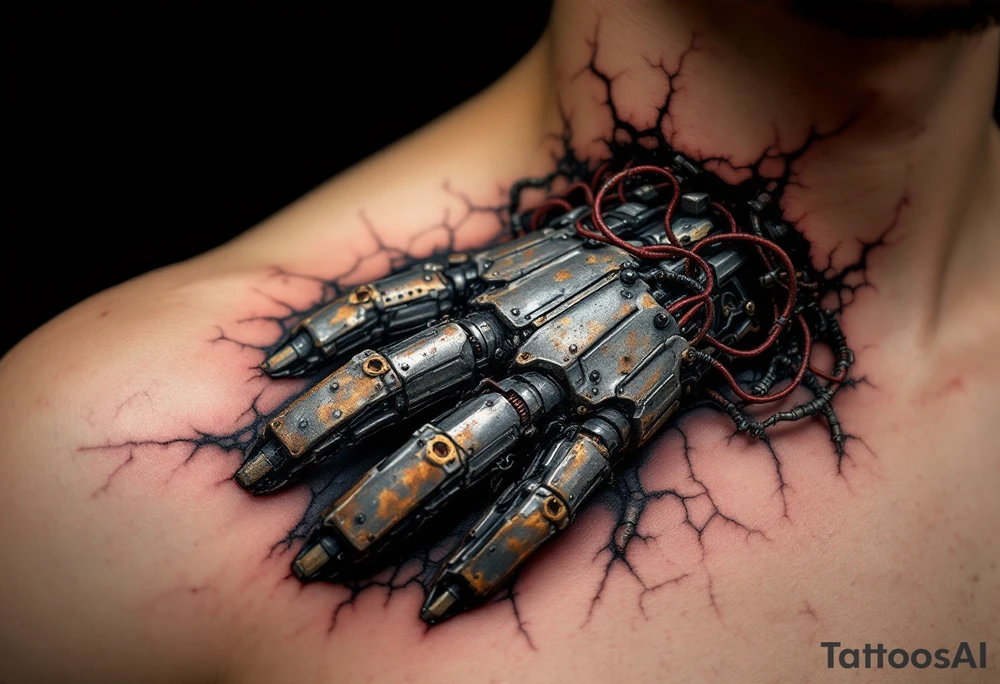A biomech hand built from rusted iron plates and crimson wires, emerging from beneath cracked human skin. tattoo idea