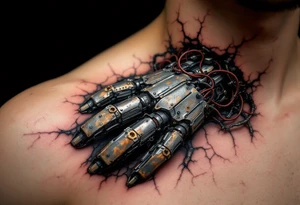 A biomech hand built from rusted iron plates and crimson wires, emerging from beneath cracked human skin. tattoo idea