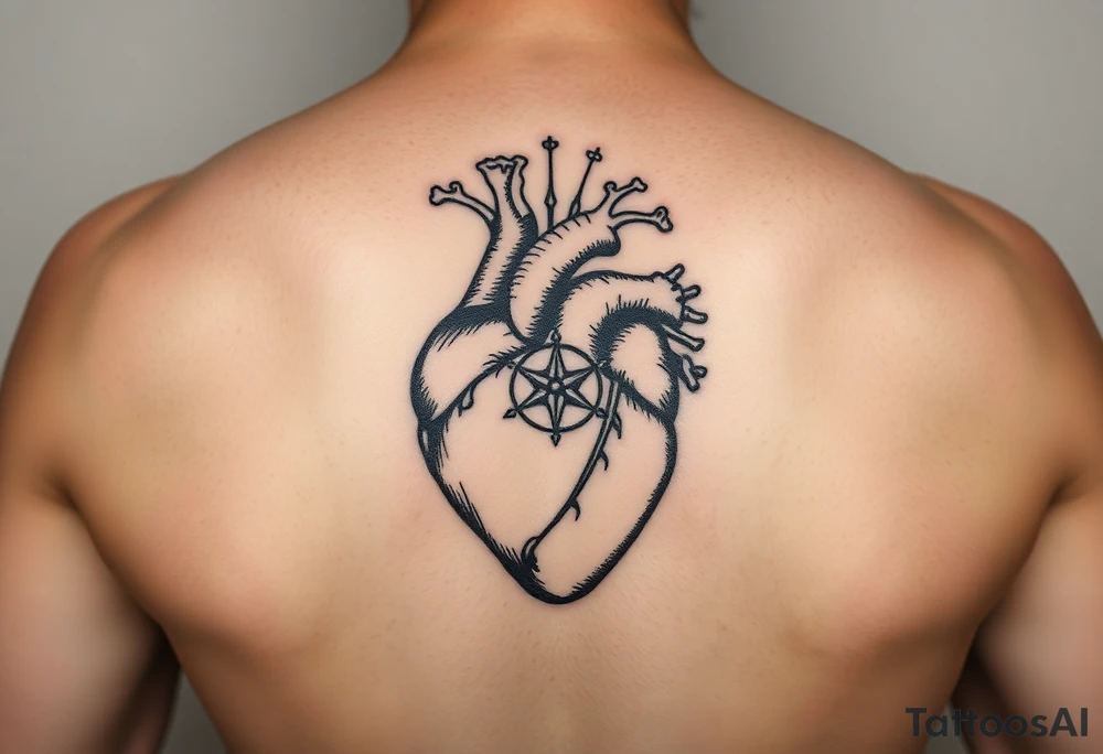 woodcut realistic human heart etching tattoo high detail anatomy with lines coming off of it like a nautical compass tattoo idea