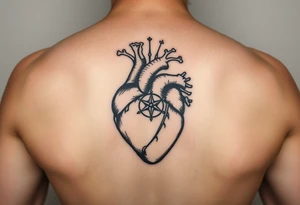 woodcut realistic human heart etching tattoo high detail anatomy with lines coming off of it like a nautical compass tattoo idea