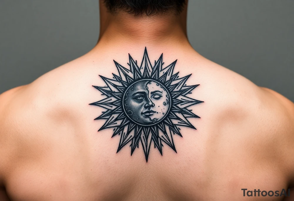 celestial sun and moon embrace with constellation patterns tattoo idea