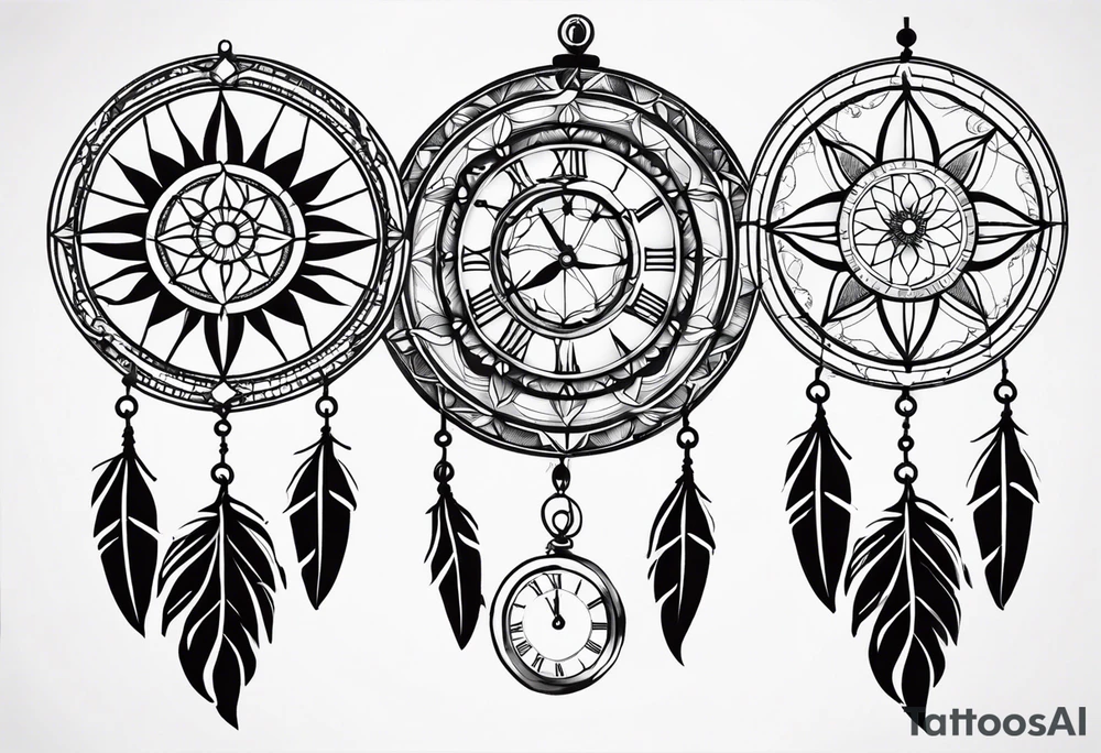 Dreamcatcher with three parts to it the Magnoliaflower at the top the clock in the middle in the compass at the bottom tattoo idea