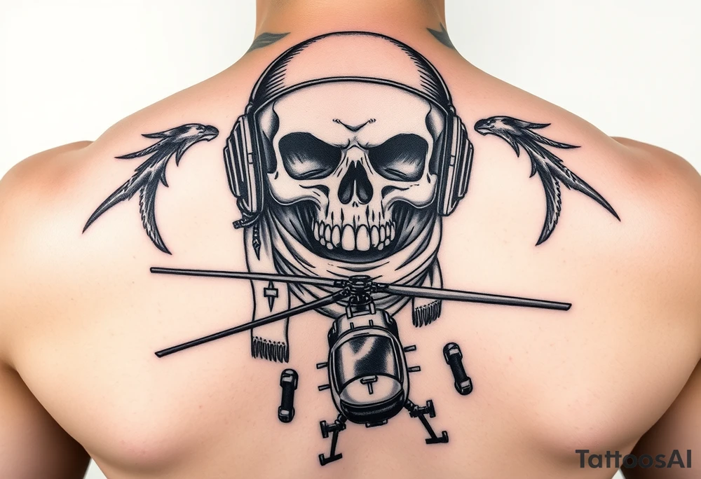 Skull in flying helmet and scarf over a puma helicopter and a wessex helicopter tattoo idea