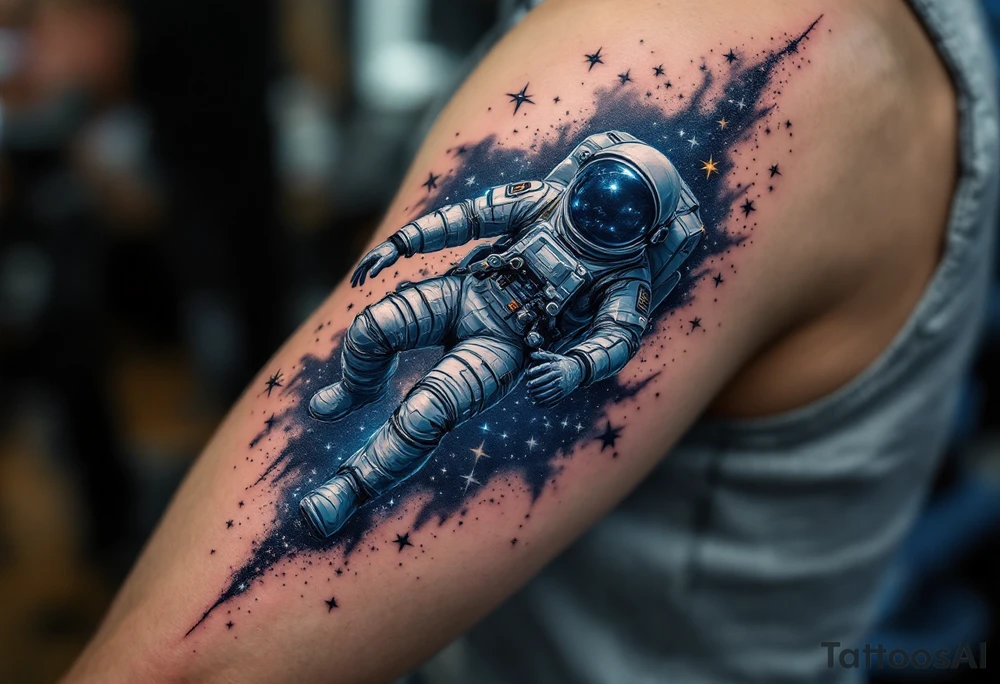 A hyper-detailed astronaut floating on the arm, reflecting stars in deep navy, metallic silver, and blue light. tattoo idea