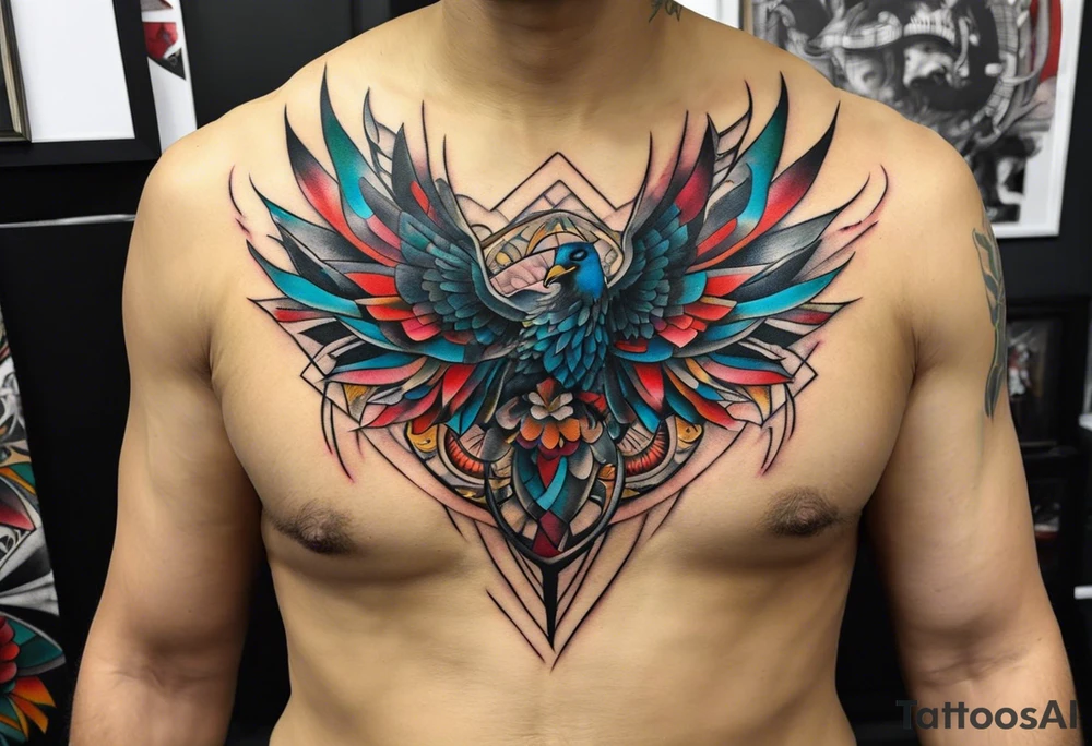 Wide tattoo that appears to be bursting out of the skin, symbolizing freedom. The tattoo should be vibrant and dynamic, with bold lines and colors that evoke a sense of liberation and empowerment. Need to incorporate elements such as broken chains and other symbols of freedom. The tattoo should be visually striking and thought-provoking. tattoo idea