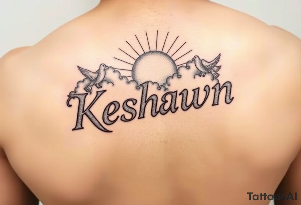 The name Keshawn with some clouds and sun rays beaming out of the clouds with pigeons around his name tattoo idea
