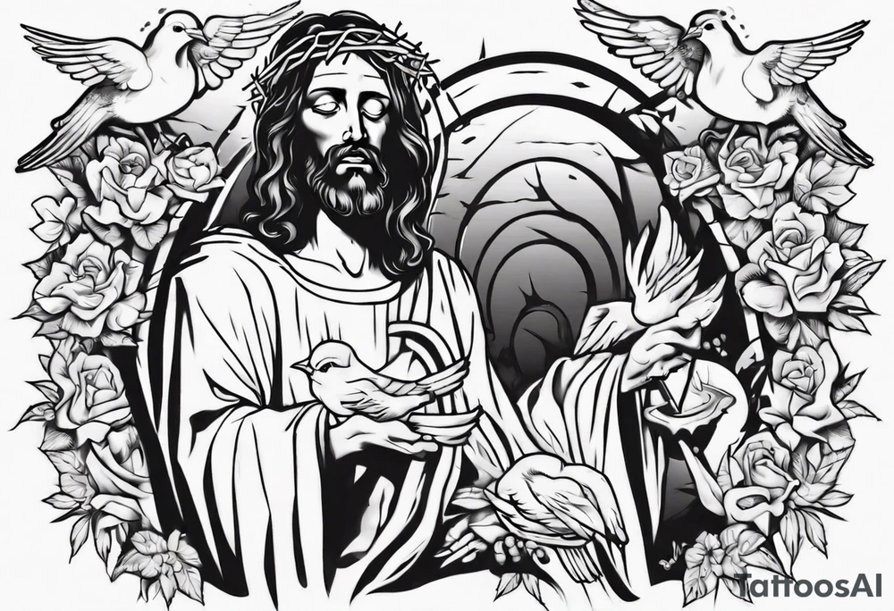 Jesus with thorns and crying, doves, lambs, tattoo idea