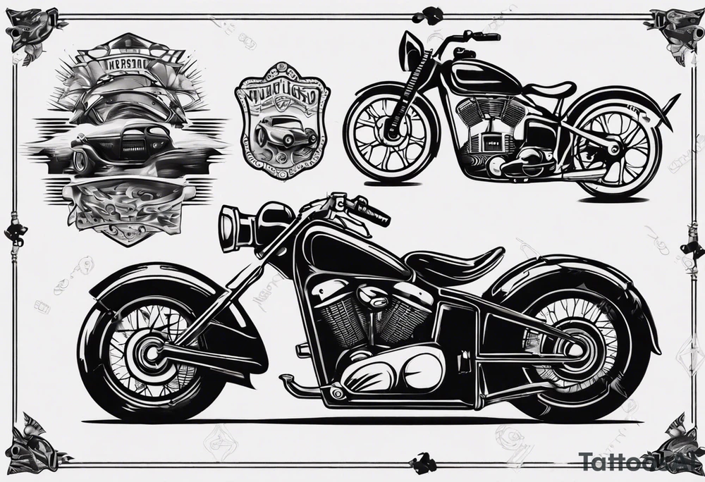 Motorcycle and an old vintage classic car tattoo idea