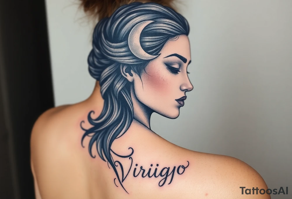 A detailed profile of a serene goddess with a crescent moon on her forehead, with silver and deep navy shading and the word virgo tattoo idea