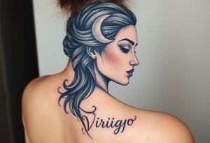 A detailed profile of a serene goddess with a crescent moon on her forehead, with silver and deep navy shading and the word virgo tattoo idea