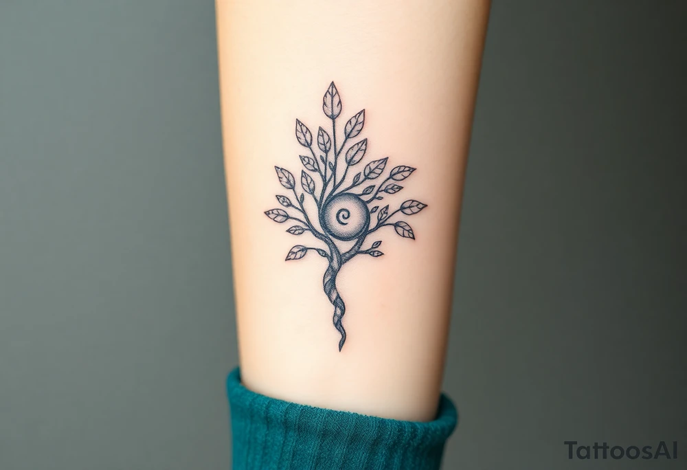 Fibonacci spiral shell inside of tree with leaves tattoo idea