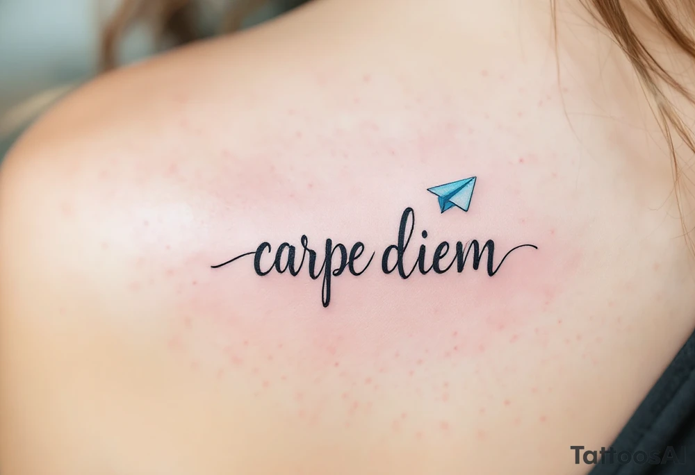 Flowing script in ink-wash gray "carpe diem", with a paper plane in pale blue flying above the phrase. tattoo idea