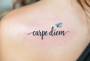Flowing script in ink-wash gray "carpe diem", with a paper plane in pale blue flying above the phrase. tattoo idea