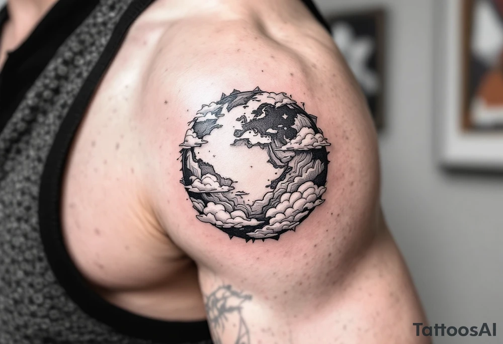 A stylized Earth with swirling clouds in gray and hints of pale blue circles the upper arm. tattoo idea
