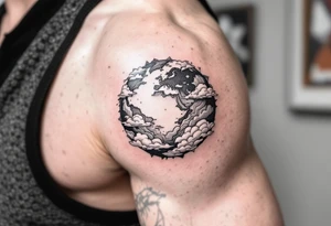 A stylized Earth with swirling clouds in gray and hints of pale blue circles the upper arm. tattoo idea