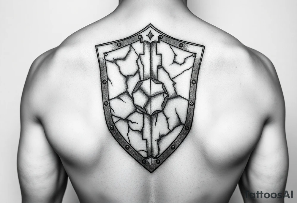 3d stone shield during unflated skin tattoo idea