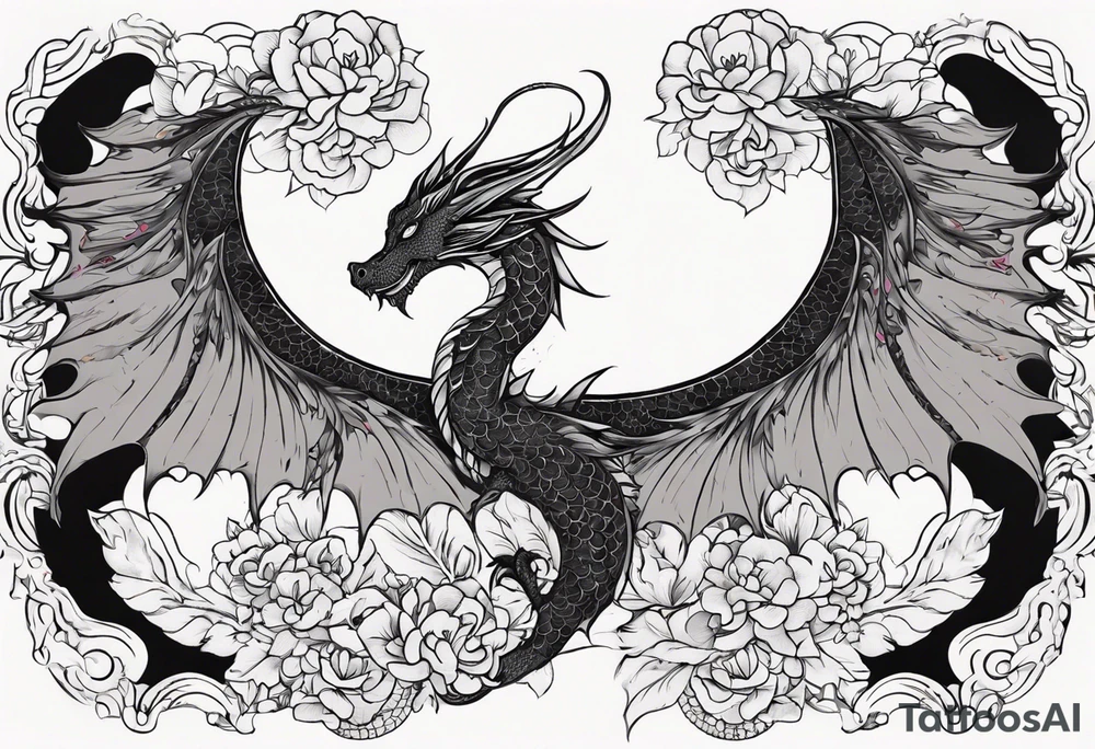 Dragon wings spread floral print on wings tattoo idea