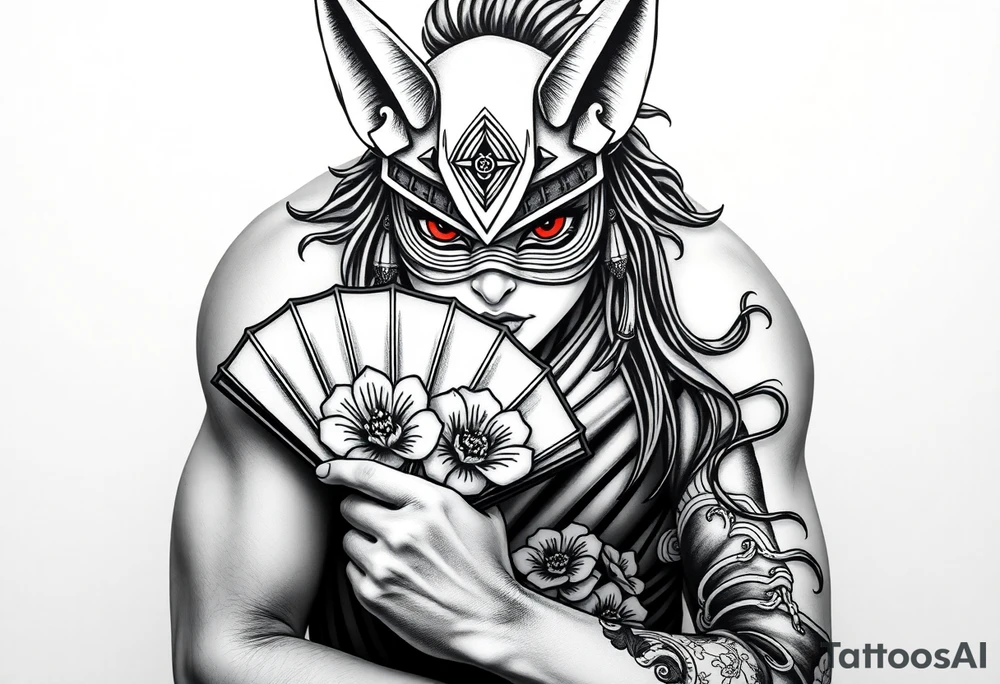 japanese samurai woman with red eyes wearing a kitsune half-mask and holding a fan with irises flowers ornement tattoo idea