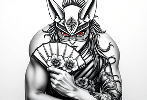 japanese samurai woman with red eyes wearing a kitsune half-mask and holding a fan with irises flowers ornement tattoo idea
