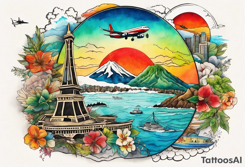 Round Travel collage with San Francisco, mountains, Kansas city skyline and 
Arc de Triomphe, Jamaican beach spilled watercolor and tiny jet plane silhouette and a tiny ski boat in the water tattoo idea