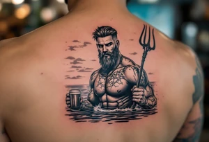 young, happy, fit, short hair, poseidon in calm water, holding a trident, drinking a beer, with sunset, with ski boat tattoo idea