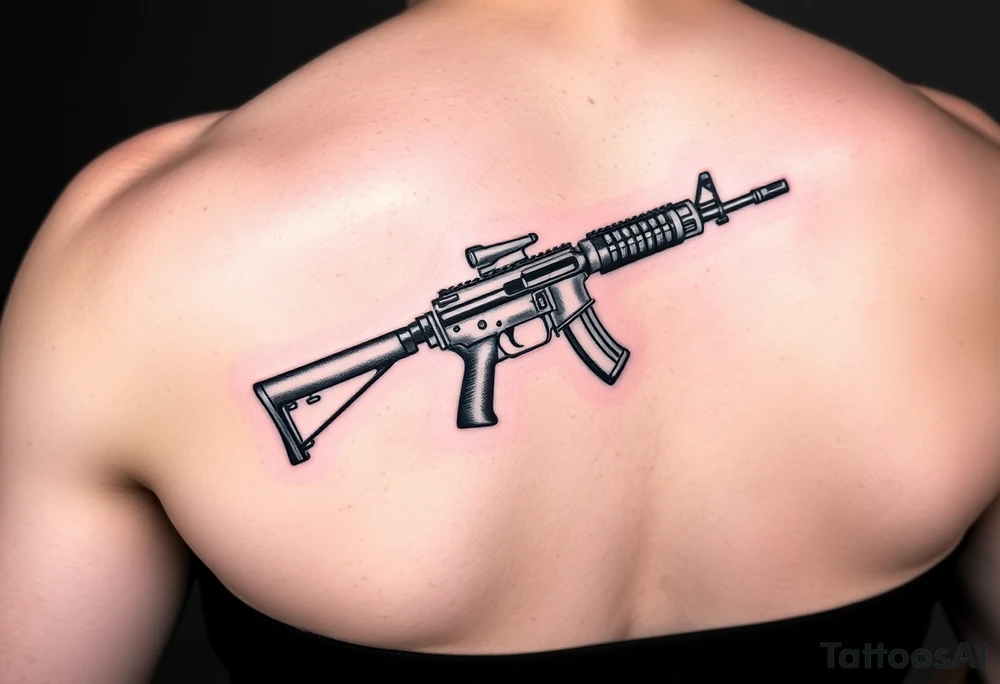 S handicap sign based stick and poke tattoo on underarm carrying an ak47 tattoo idea