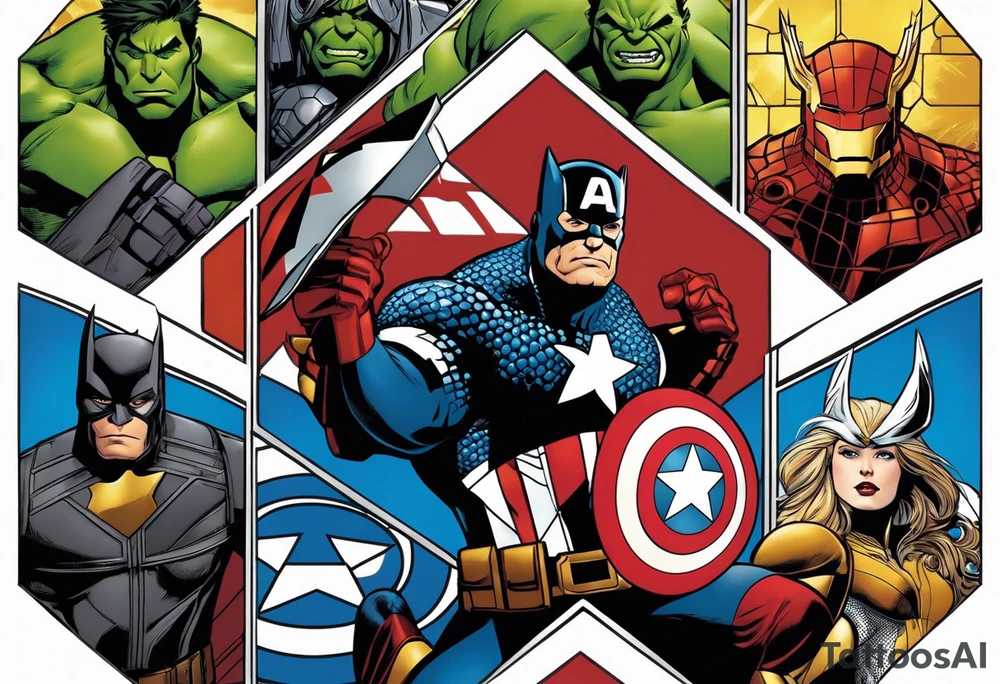 I want to change Avengers Team characters with animals. Hulk will be represented by a Badger.
Thor will be depicted as an Alpha Grey Wolf.
Captain America will be symbolized by a Bull.
Iron Man's character will be embodied by a Canary.
Black Widow's role will be portrayed by an Axolotl.
Hawkeye will be depicted as a Sudan Plated Lizard.
Nick Fury will be represented by a Cat. tattoo idea