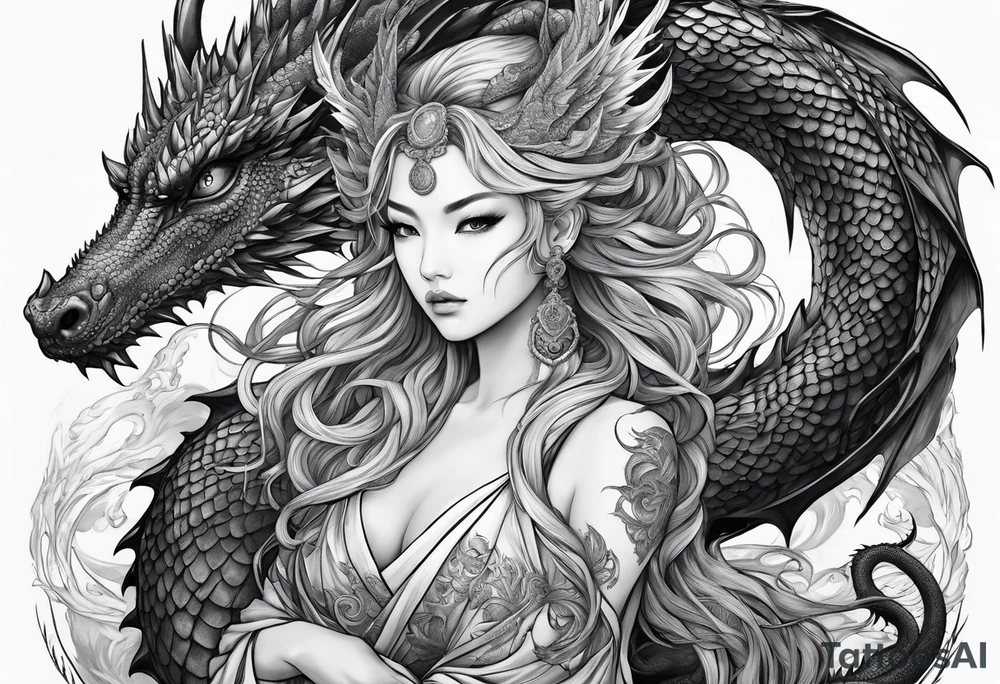 beautiful warrior nymph with dragon wings and a dragon friend tattoo idea
