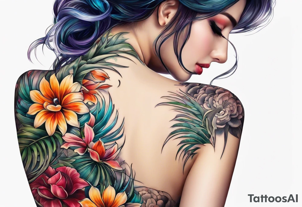sea,, night, flower, palm, tattoo idea