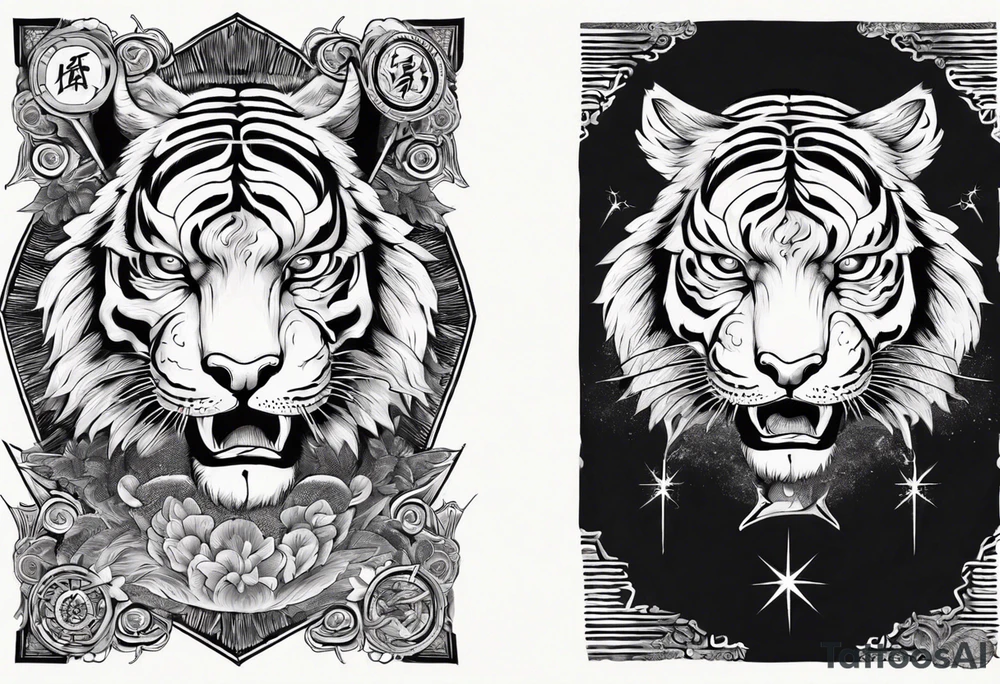 Ancient tiger with lightning and a sun for a forearm sleeve. With patterns surrounding it tattoo idea