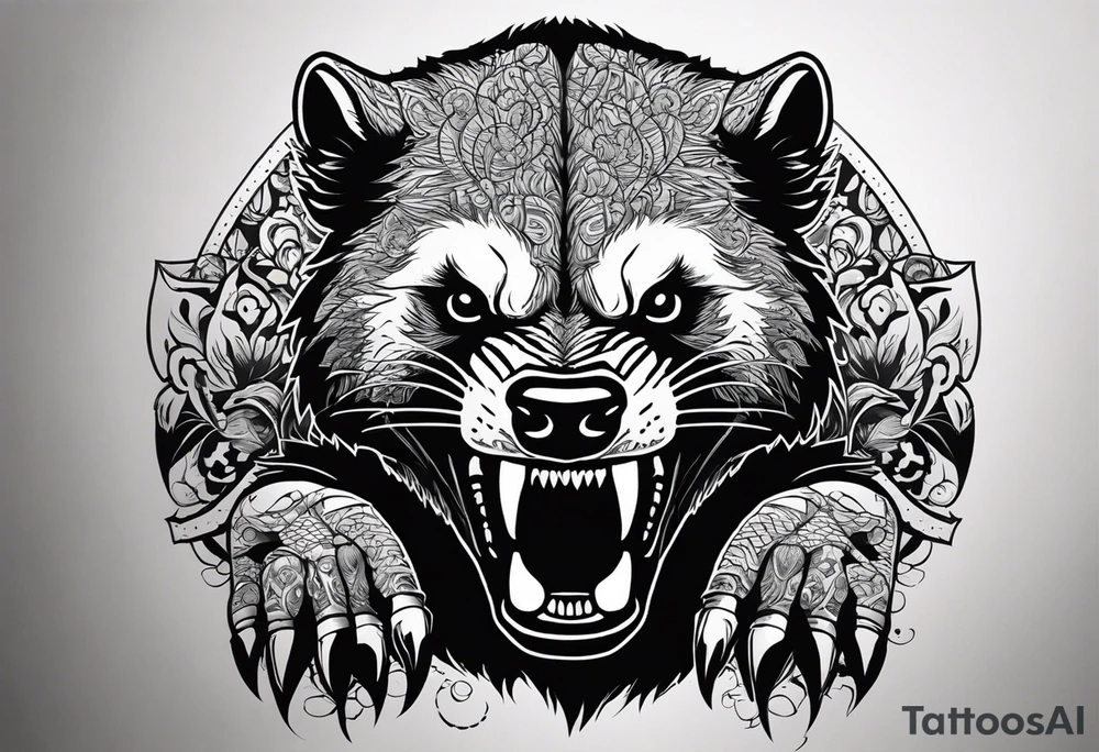 Draw me psychopath Fearless Honey Badger/Berserker with aggressive full body, killer face with a scary smile, very long nails and he attacks like a Bloody Assassin/Warrior/Gladiator to us and also, he has very deadly looking. He fights with his nails only. Everybody scares after their first sight. Give me horror type Badger Tattoo. I want to see his Realistic full body with no weapons. You can show destruction at the back. tattoo idea