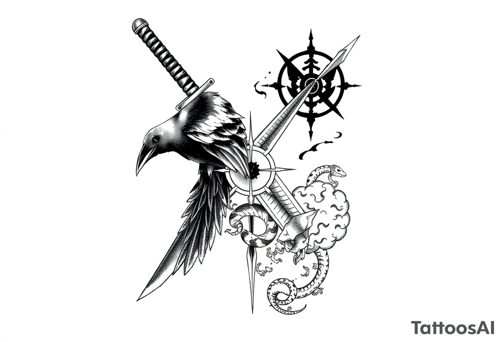 Kunai blade with crow, snake, Uchiha emblem and Akatsuki cloud from Naruto tattoo idea