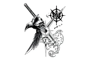 Kunai blade with crow, snake, Uchiha emblem and Akatsuki cloud from Naruto tattoo idea