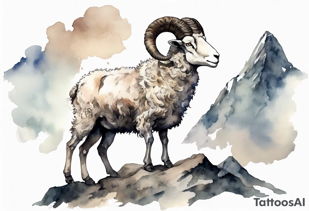 a solitary muscular man with the head of a big-horned sheep, with the feet of a sheep, on a mountain tattoo idea