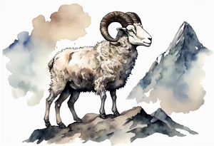 a solitary muscular man with the head of a big-horned sheep, with the feet of a sheep, on a mountain tattoo idea