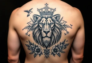 powerful majestic lion with a crown, surrounded by floral ornaments and birds tattoo idea