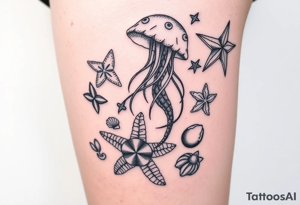 Ocean themed including jellyfish, mermaid, starfish, sea turtle, shells tattoo idea