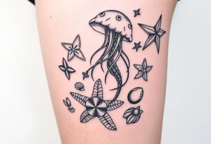 Ocean themed including jellyfish, mermaid, starfish, sea turtle, shells tattoo idea