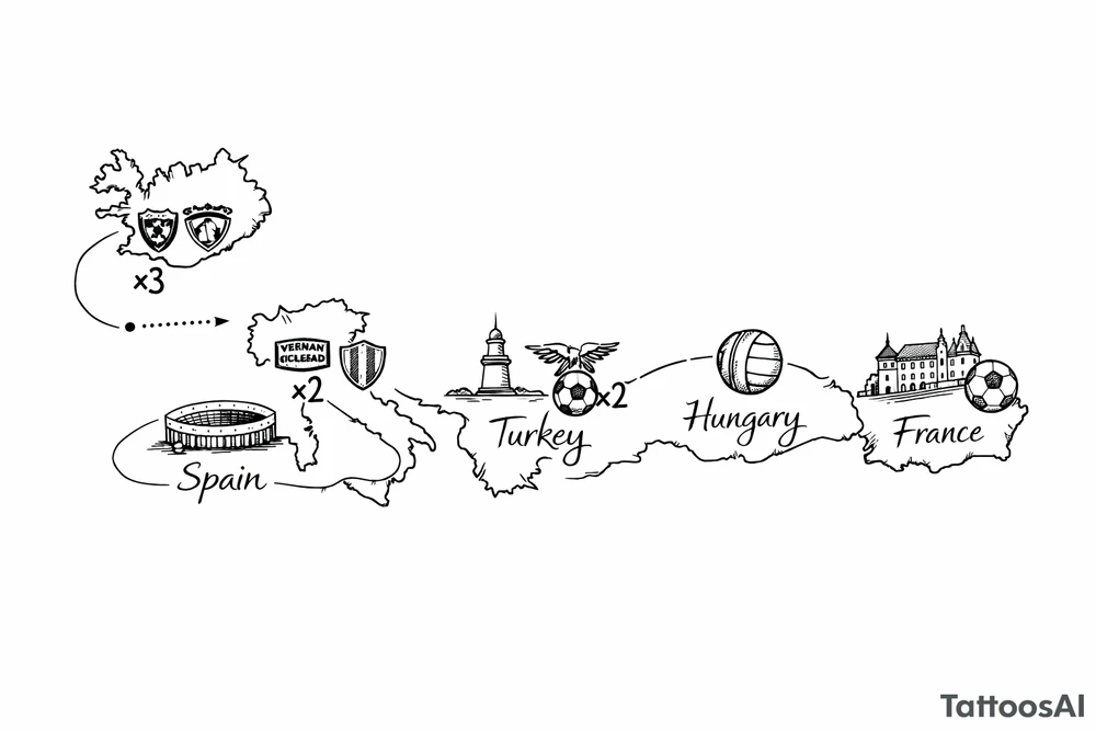 A football journey no crests stars each country on how many times ive played there
A fine-line world map or stylized route connecting Iceland ➔ Italy ➔ Spain ➔ Turkey ➔ Hungary ➔ France, with minimalist markers for each club.
Iceland x3 (sindri, ibv, stjarnan)
Italy x2 (Verona, Sassuolo)
Spain (Logrono)
Turkey x2 (Fenerbahce, Besiktas)
Hungary (Fradi)
France (Bordeaux) tattoo idea