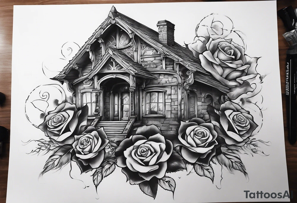 fool sleeve,, abandoned old gotic house, broken sword, roses, tattoo idea
