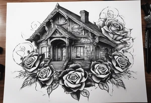 fool sleeve,, abandoned old gotic house, broken sword, roses, tattoo idea