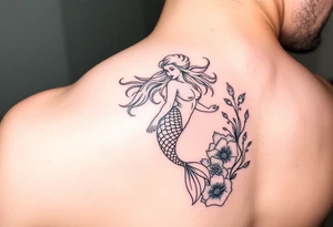 ethereal mermaid with flowing hair among coral and sea flowers tattoo idea