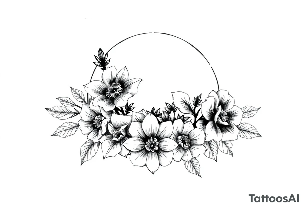 moon-shaped diferent flowers tattoo idea