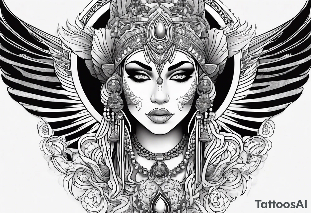kali, alien goddess, valkrye, pirate, zenza, lotus, wing, pachamama, skull tattoo idea