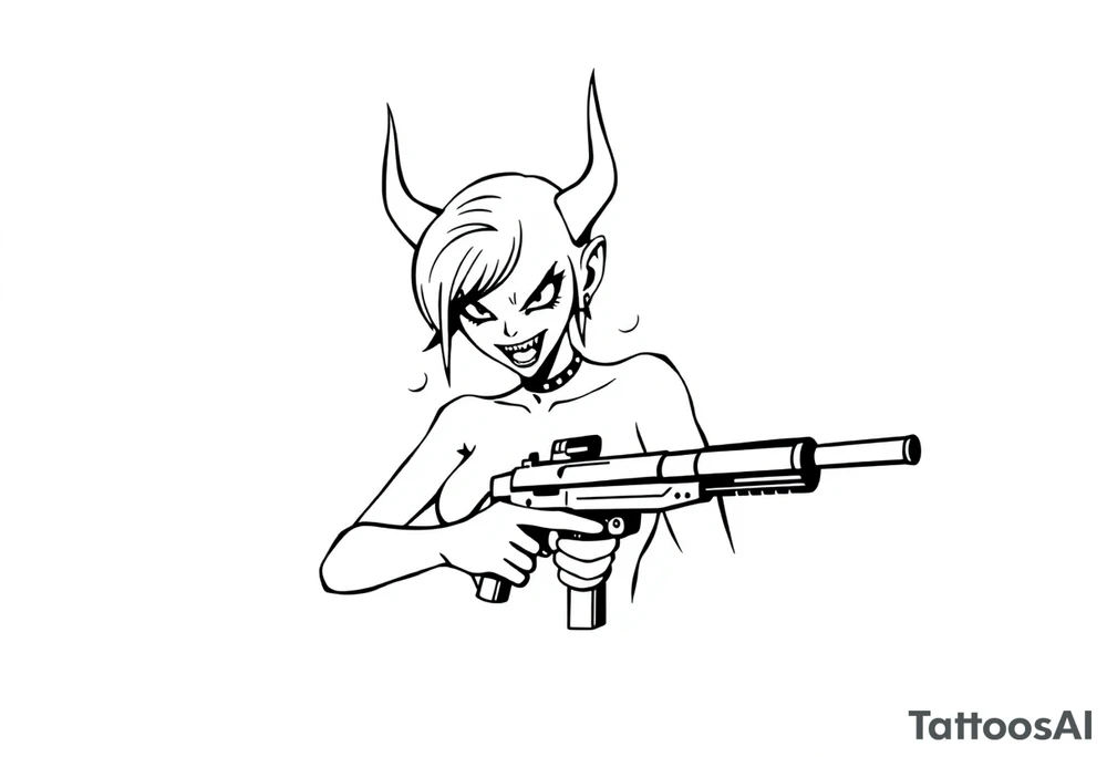 angry succubus holding gun, anime tattoo idea