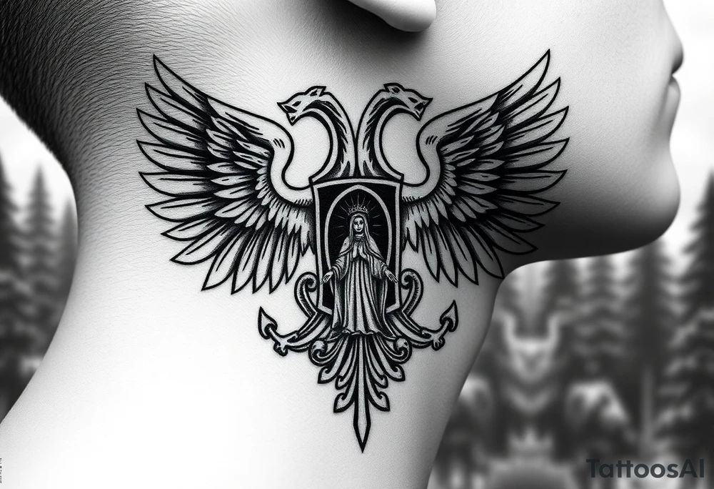 russian coat of arms double headed eagle traditional christian orthodox cross with a virgin mary stood in the entrance of a russian orthodox dome church on the side of the neck in a wilderness setting tattoo idea