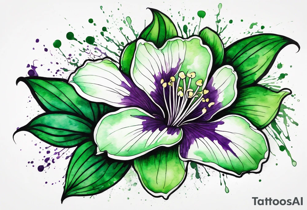 An outline of a green rio dipladenia flower and a green and purple watercolor splash in the background tattoo idea